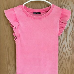Zara acid wash Bright Pink Ruffle Sleeve Tank